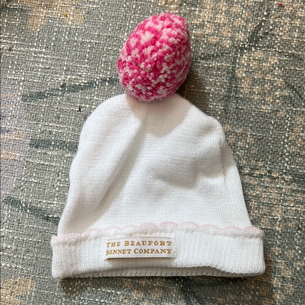 The Beaufort Bonnet Company White and Pink Knit Hat with Pom-Pom